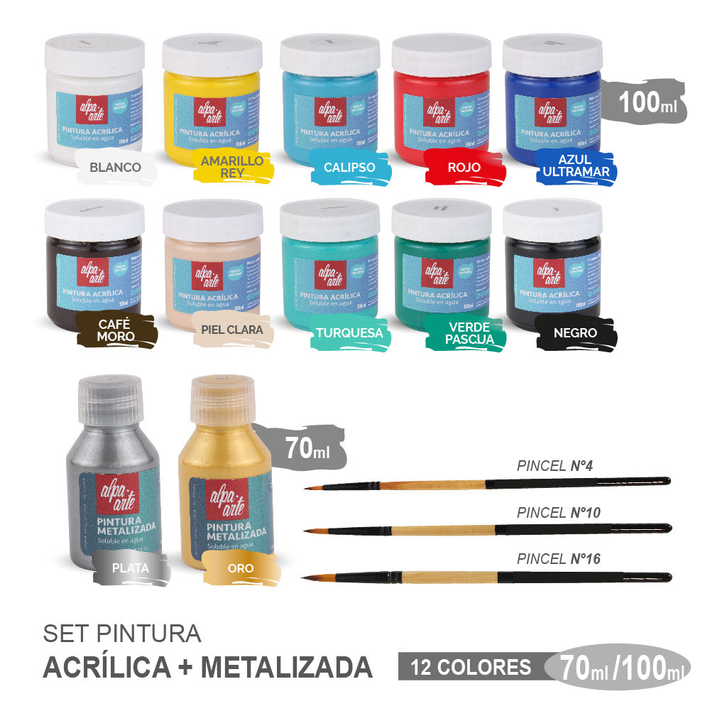 Set de Pinturas Acrílicas + Metalizadas + Pinceles