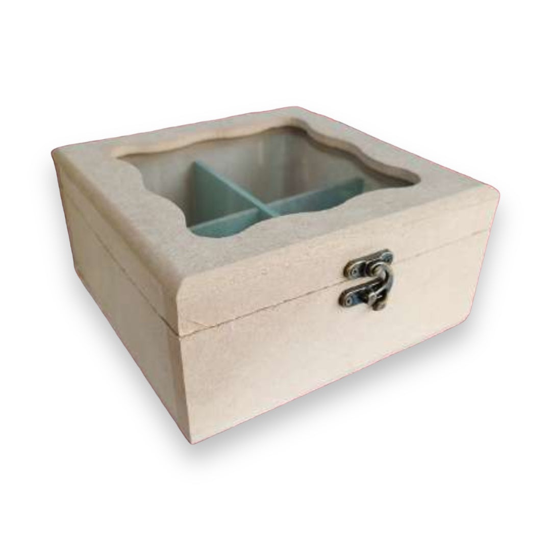 Caja de Te (cuatro divisiones) Tapa con Vidrio 18x18