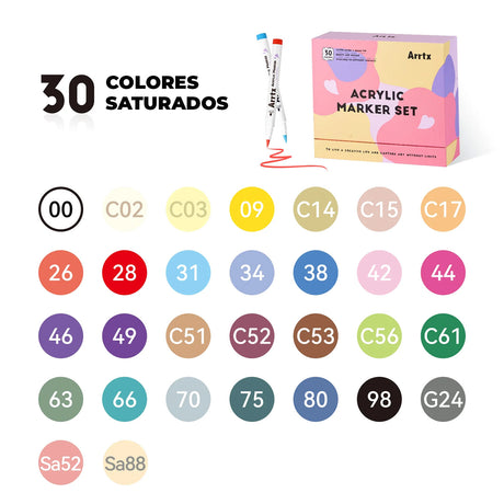 Marcador Acrílico ARRTX punta pincel - 30 colores