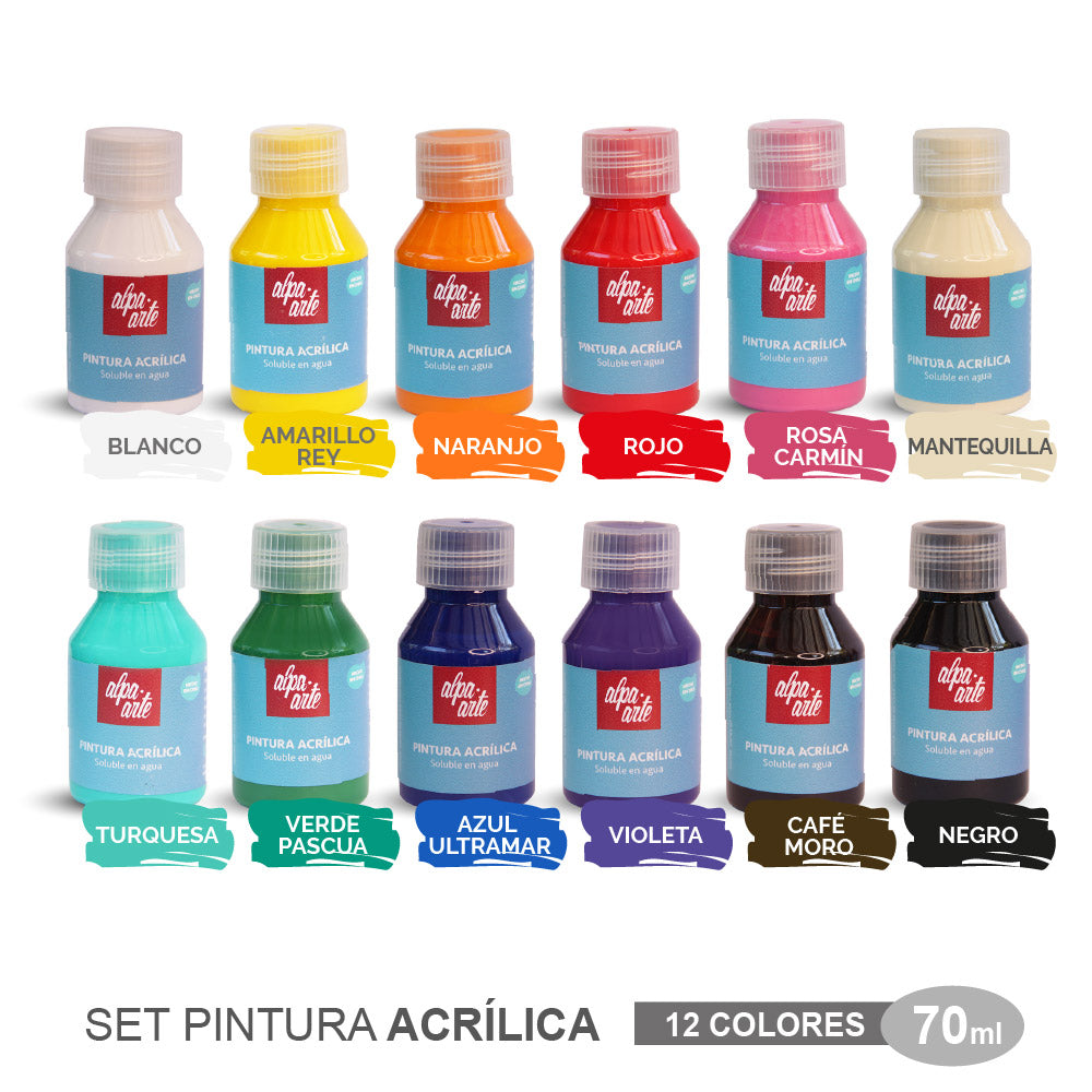Set de 12 Colores de Pintura Acrilica Alpa Arte. Ideal para Yeso, Madera, Impresionnes 3D, aerografo, etc.