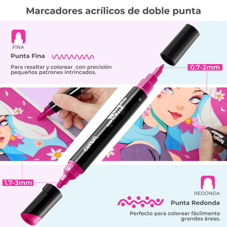 Marcador Acrílico OHUHU punta fina y redonda - 30 colores